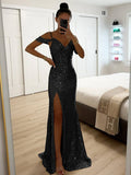 Momyraise Maxikleid Pailletten V-Ausschnitt Seitenschlitz Spaghettiträger Schick Elegant Beiläufige Abend Ball Braut