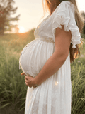 Momyraise Umstandskleider Schlitz Drapiert Tiefe V Rückenfreies V-Ausschnitt Kurzärm Boho Beiläufige Fotoshooting Schwangerschaft