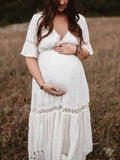 Momyraise Umstandskleider Babybauch Fotoshooting Spitze Rüschen V-Ausschnitt Kurzärm Boho Ferien Für Schwangerschaft Maxikleid