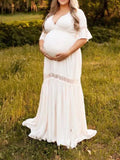 Momyraise Umstandskleider Babybauch Fotoshooting Spitze Rüschen V-Ausschnitt Kurzärm Boho Ferien Für Schwangerschaft Maxikleid