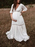 Momyraise Umstandskleider Babybauch Fotoshooting Spitze Rüschen V-Ausschnitt Kurzärm Boho Ferien Für Schwangerschaft Maxikleid