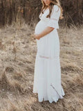 Momyraise Umstandskleider Babybauch Fotoshooting Spitze Rüschen V-Ausschnitt Kurzärm Boho Ferien Für Schwangerschaft Maxikleid