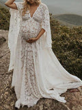 Momyraise Babybauch Shooting Kleid Spitze Gürtel Rückenfrei Tiefer V-Ausschnitt Geteilte Ärmel Langarm Elegant Boho Für Schwangerschaft