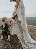 Momyraise Babybauch Shooting Kleid Spitze Gürtel Rückenfrei Tiefer V-Ausschnitt Geteilte Ärmel Langarm Elegant Boho Für Schwangerschaft