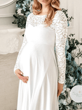 Momyraise Umstandsbrautkleid Spitze Drapiert Rundhals Langarm Elegant Abend Braut Fotoshooting Für Schwangerschaft