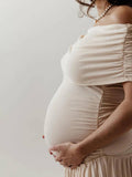 Momyraise Umstandskleider Plissee Schulterfreie Kurzärm Elegant Beiläufige Abend Ball Strand Fotoshooting Babybauch Kleider