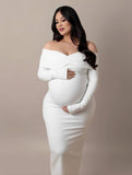 Momyraise Babybauch Shooting Kleid Enges Volltonfarbe Schulterfreie Langarm Elegant Abend Ball Umstandskleid