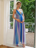 Momyraise Umstandskleider Farbverlauf Ombre Mesh Spaghettiträger Tiefer V-Ausschnitt Ärmellos Elegant Babybauch Shooting