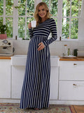 Momyraise Umstandskleider Schlank Gestreift Rundhals Langarm Elegan Beiläufige Mode Schick Babybauch Shooting Schwanger