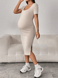 Momyraise Umstandskleider Rippenstrick Enges Schlitz Quadratischem Kragen Kurzärm Elegant Mode Hüfte Wrap Midikleid Kleid