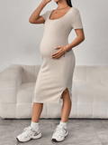 Momyraise Umstandskleider Rippenstrick Enges Schlitz Quadratischem Kragen Kurzärm Elegant Mode Hüfte Wrap Midikleid Kleid