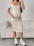 Momyraise Umstandskleider Rippenstrick Enges Schlitz Quadratischem Kragen Kurzärm Elegant Mode Hüfte Wrap Midikleid Kleid