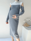 Momyraise Umstandskleider Kleines Rollkragen Knit Enges Farbkontrast Cut Out Hohle Heraus Langarm Wickelkleid Pulloverkleid