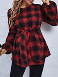 Momyraise Tartan Muster Knoten vorne Schlank Rundhals Laternenhülse Elegant Mode Umstandsmode Oberteile Bluse