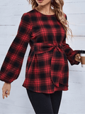 Momyraise Tartan Muster Knoten vorne Schlank Rundhals Laternenhülse Elegant Mode Umstandsmode Oberteile Bluse