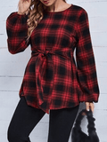 Momyraise Tartan Muster Knoten vorne Schlank Rundhals Laternenhülse Elegant Mode Umstandsmode Oberteile Bluse